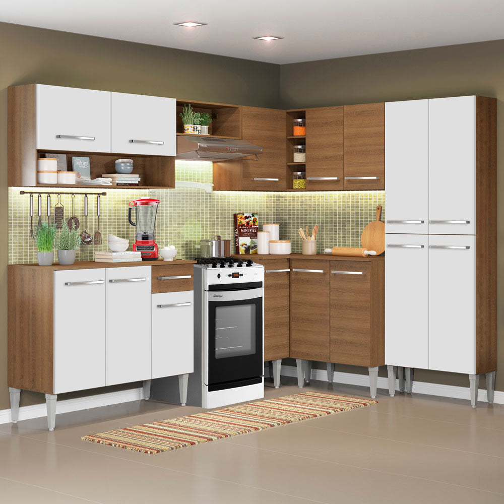 Armário de Cozinha Completa de Canto 417cm Rustic/Branco Emilly