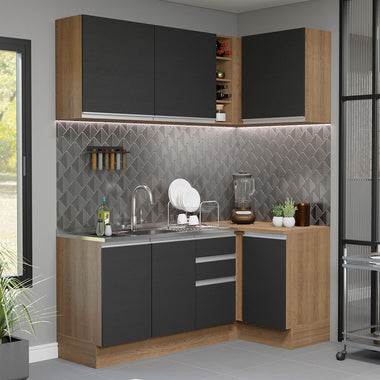Armário de Cozinha Compacta de Canto 269cm Rustic/Preto Glamy Madesa 01