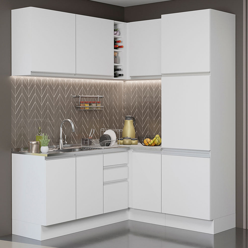 Armário de Cozinha Completa de Canto 329cm Branco Glamy Madesa 01