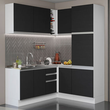 Armário de Cozinha Completa de Canto 329cm Branco Preto Glamy Madesa 01