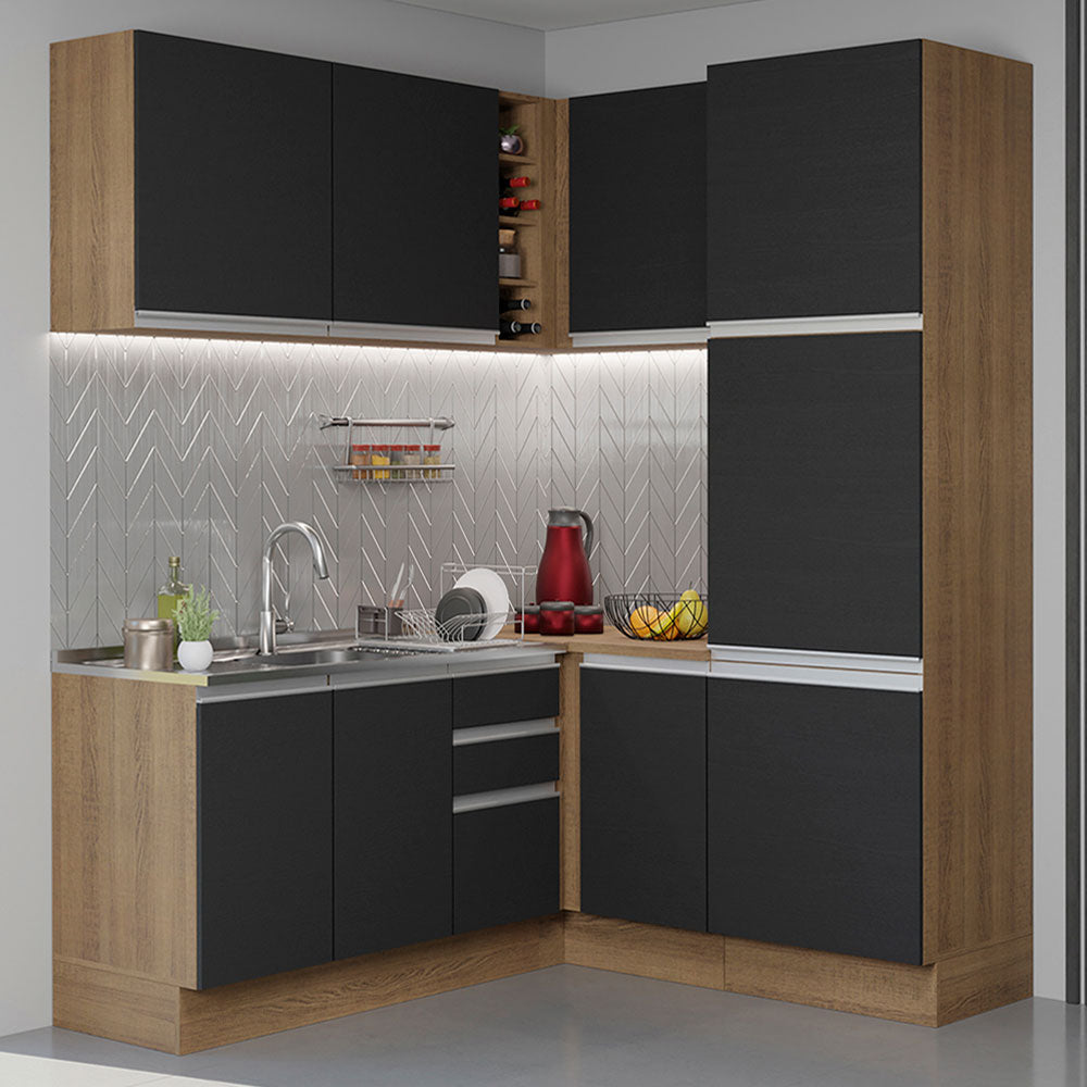 Armário de Cozinha Completa de Canto 329cm Rustic Preto Glamy Madesa 01