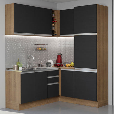 Armário de Cozinha Completa de Canto 329cm Rustic Preto Glamy Madesa 01