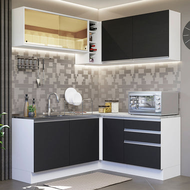 Armário de Cozinha Completa de Canto 329cm Branco Preto Glamy Madesa 02