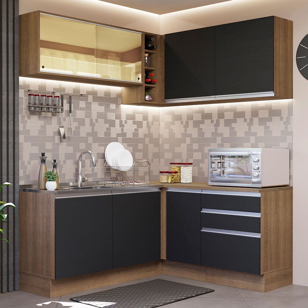 Armário de Cozinha Completa de Canto 329cm Rustic Preto Glamy Madesa 02