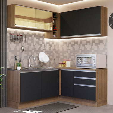 Armário de Cozinha Completa de Canto 329cm Rustic Preto Glamy Madesa 02