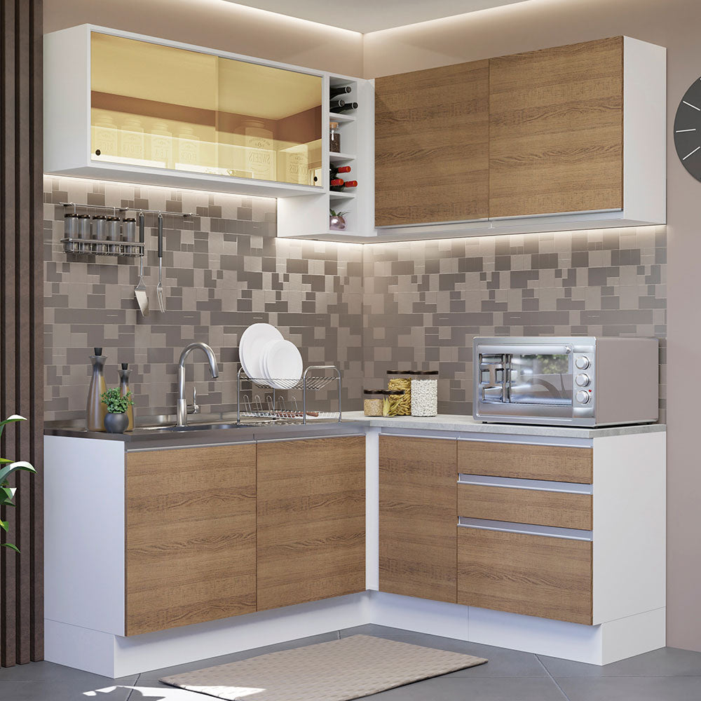 Armário de Cozinha Completa de Canto 329cm Branco Rustic Glamy Madesa 02