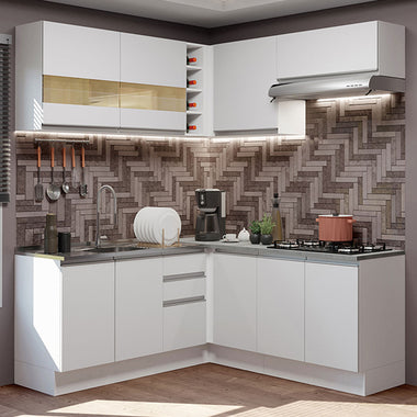 Armário de Cozinha Completa de Canto 349cm Branco Glamy Madesa 01
