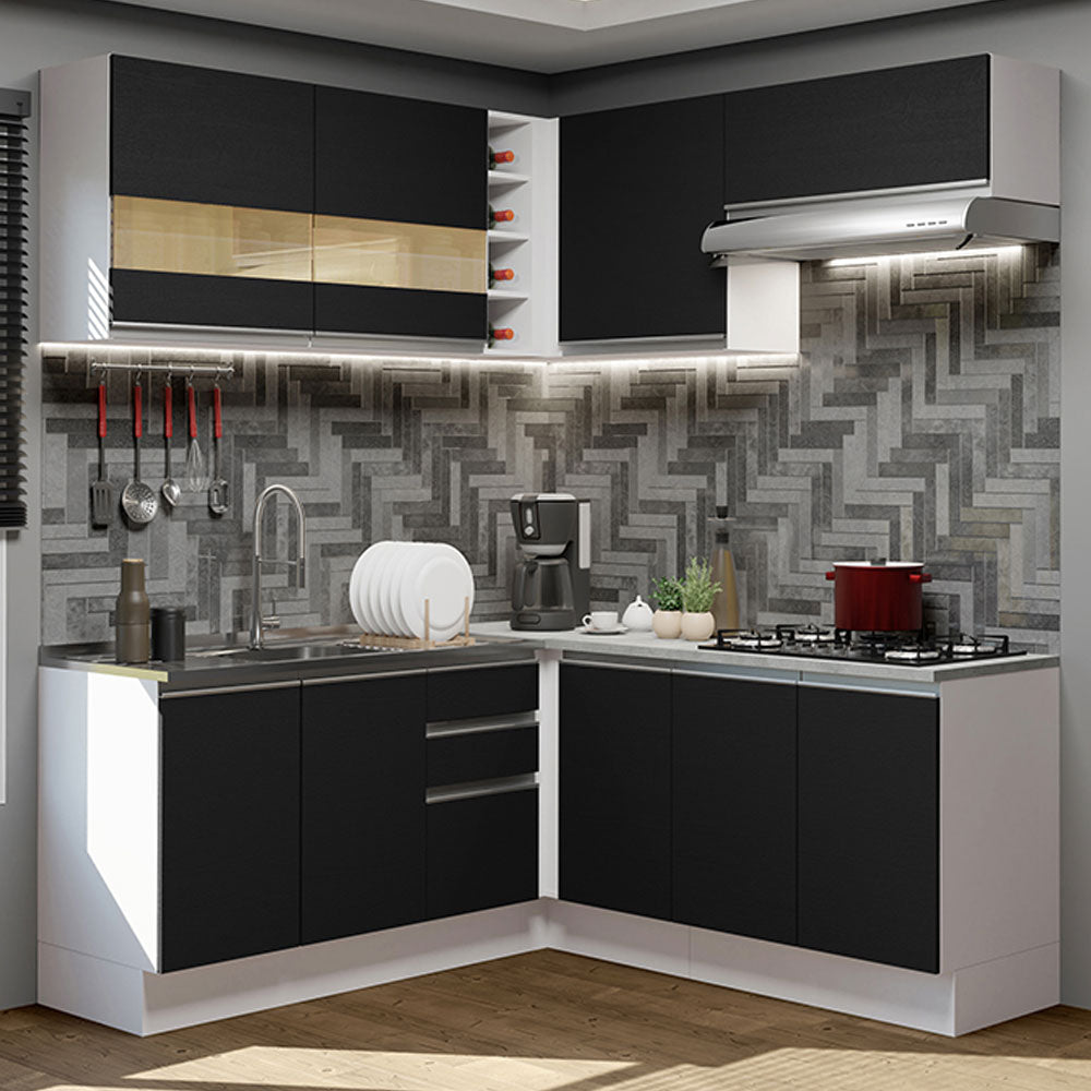 Armário de Cozinha Completa de Canto 349cm Branco/Preto Glamy Madesa 01