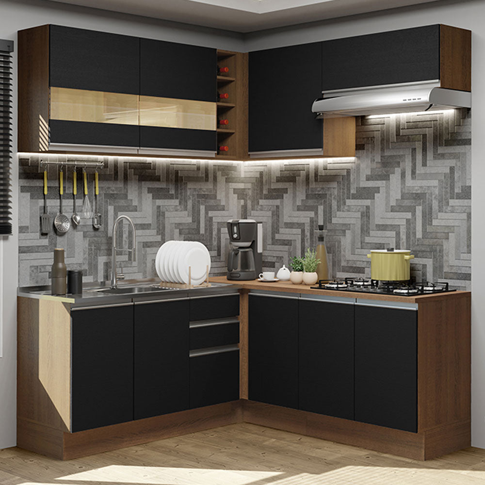 Armário de Cozinha Completa de Canto 349cm Rustic/Preto Glamy Madesa 01