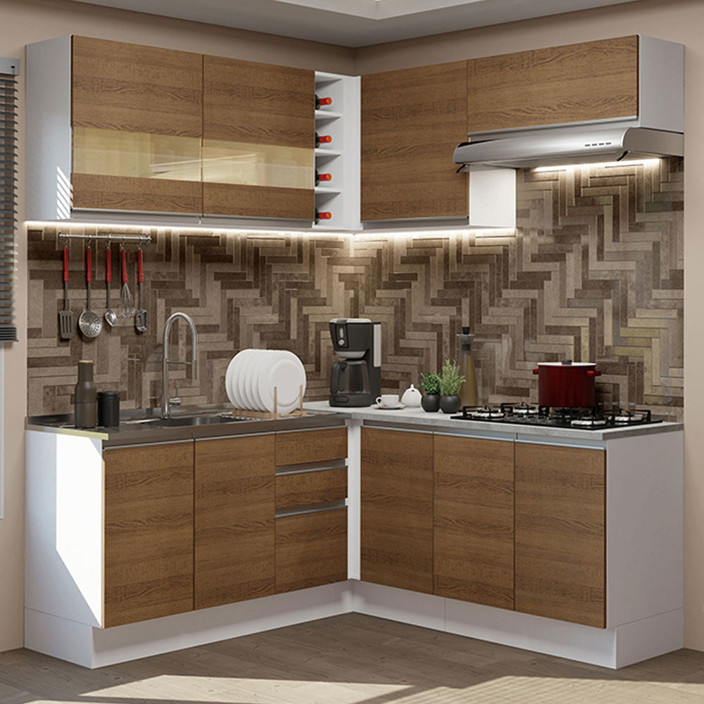 Armário de Cozinha Completa de Canto 349cm Branco/Rustic Glamy Madesa 01
