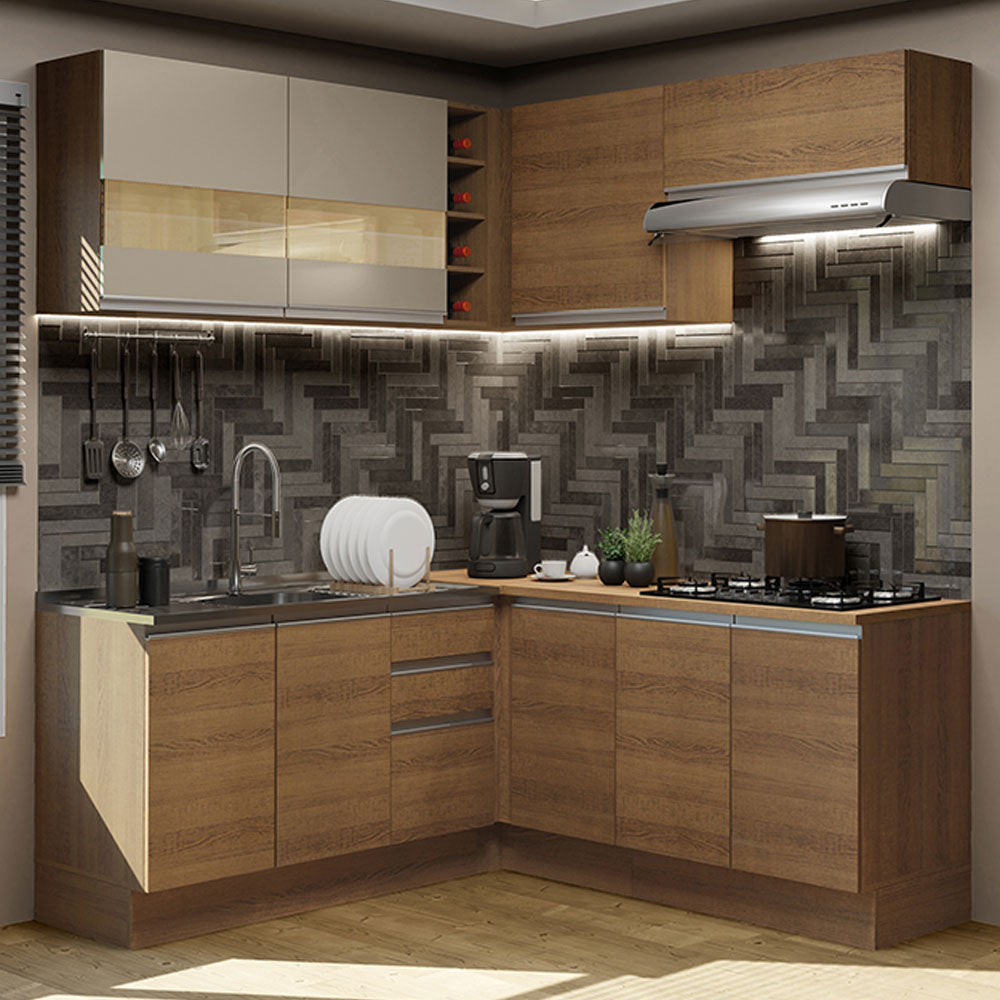 Armário de Cozinha Completa de Canto 349cm Rustic/Rustic/Crema Glamy Madesa 01