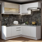 Armário de Cozinha Completa de Canto 349cm Branco/Branco/Crema Glamy Madesa 01