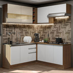 Armário de Cozinha Completa de Canto 349cm Rustic/Branco/Crema Glamy Madesa 01