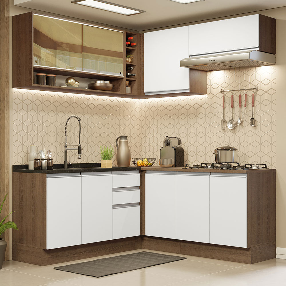 Armário de Cozinha Completa de Canto 349cm Rustic Branco Glamy Madesa 02