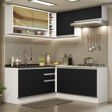 Armário de Cozinha Completa de Canto 349cm Branco Preto Glamy Madesa 02