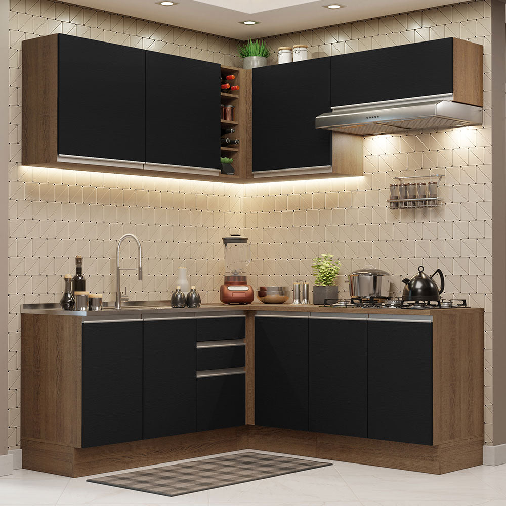 Armário de Cozinha Completa de Canto 349cm Rustic Preto Glamy Madesa 03