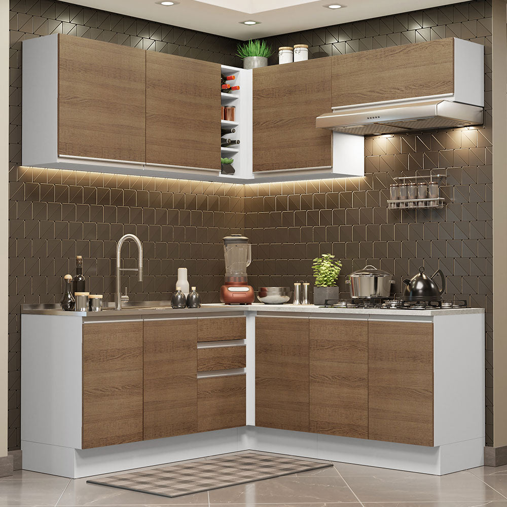 Armário de Cozinha Completa de Canto 349cm Branco Rustic Glamy Madesa 03