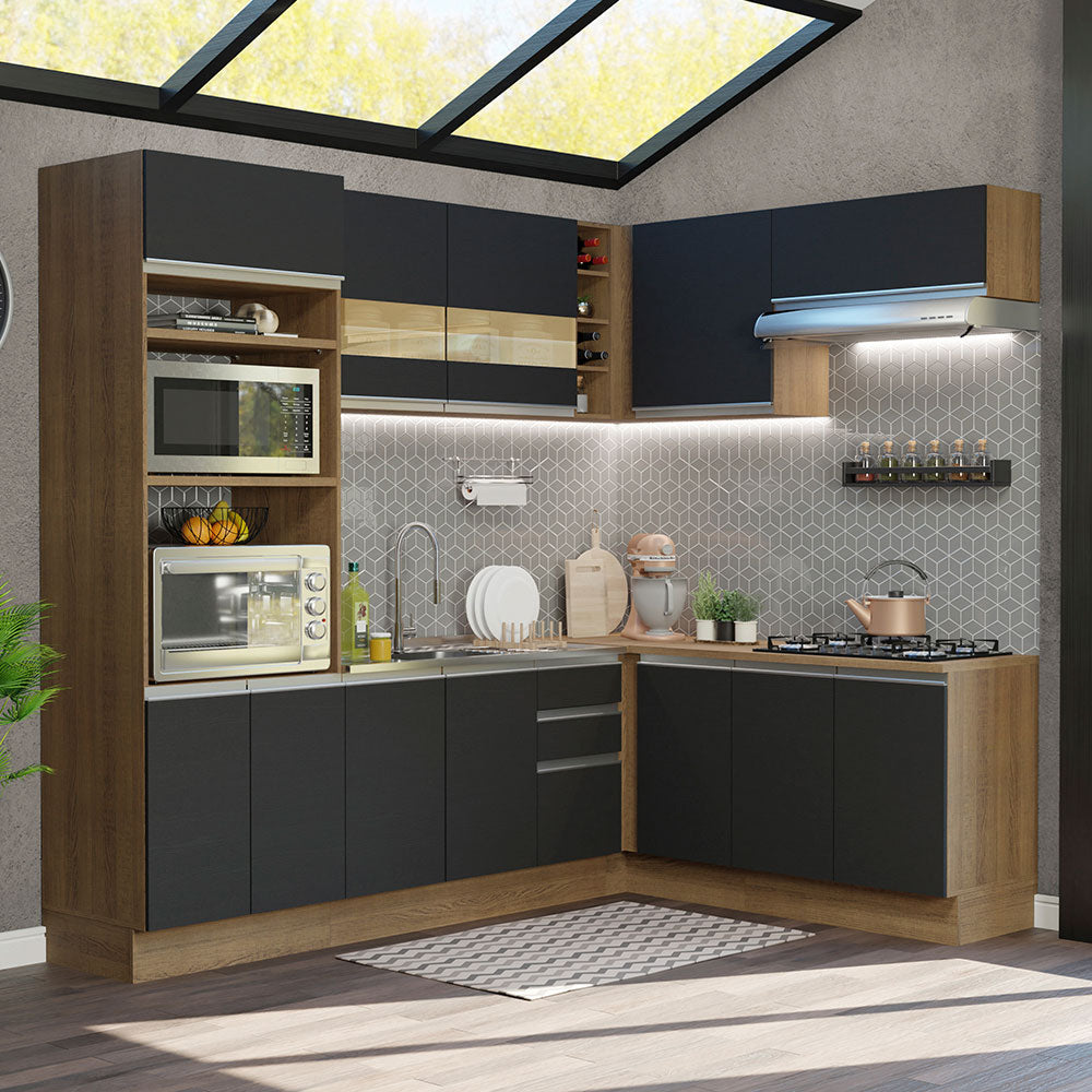 Armário de Cozinha Completa de Canto 419cm Rustic/Preto Glamy Madesa 01