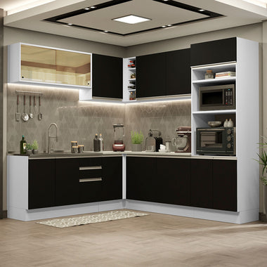 Armário de Cozinha Completa de Canto 459cm Branco Preto Glamy Madesa 01