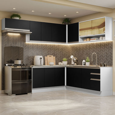 Armário de Cozinha Completa de Canto 469cm Branco/Preto Glamy Madesa 01
