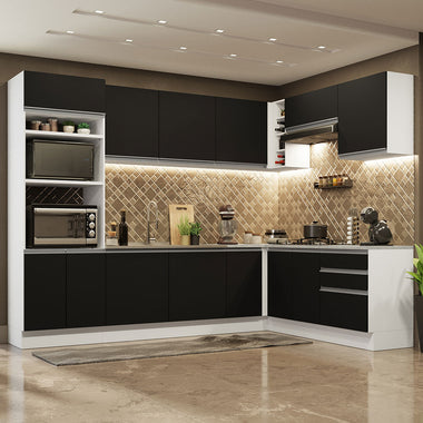 Armário de Cozinha Completa de Canto 479cm Branco Preto Glamy Madesa 01