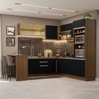 Armário de Cozinha Completa de Canto 504cm Rustic/Preto Glamy Madesa 01