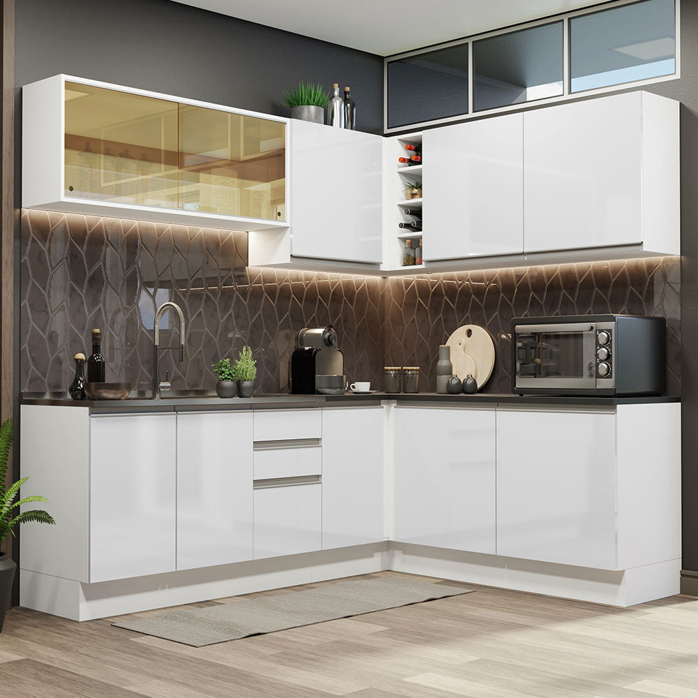 Armário de Cozinha Completa de Canto 100% MDF 389cm Frentes Branco Brilho Acordes Madesa 02
