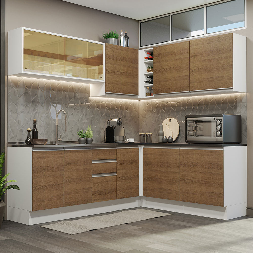 Armário de Cozinha Completa de Canto 100% MDF 389cm Branco/Rustic Acordes Madesa 02