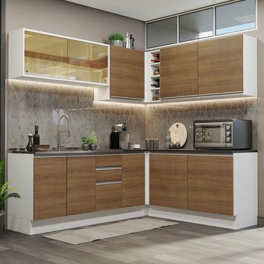 Armário de Cozinha Completa de Canto 100% MDF 389cm Branco/Rustic Acordes Madesa 02