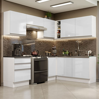 Armário de Cozinha Completa de Canto 100% MDF 409cm Frentes Branco Brilho Acordes Madesa 01
