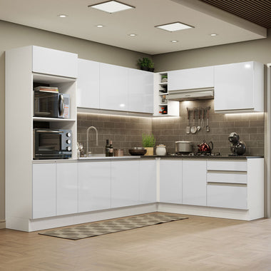 Armário de Cozinha Completa de Canto 100% MDF 479cm Frentes Branco Brilho Acordes Madesa 03
