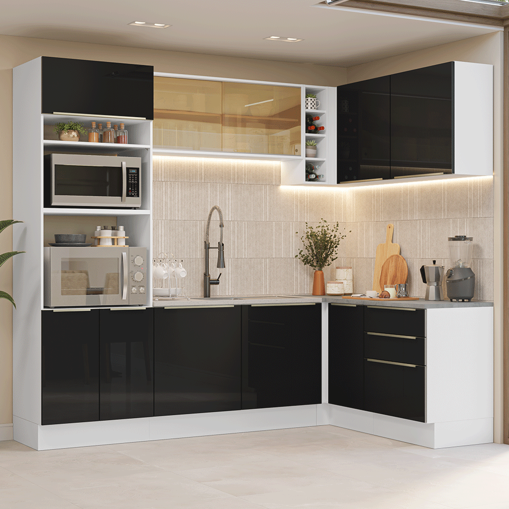 Armário de Cozinha Completa de Canto 399 cm Branco/Preto Lux Madesa 01