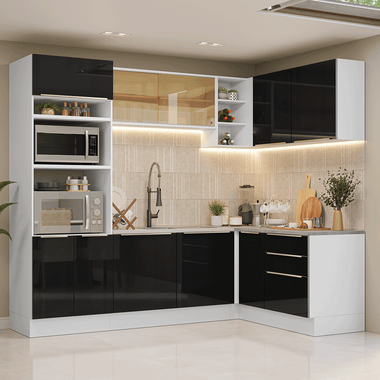 Armário de Cozinha Completa de Canto 416 cm Branco/Preto Lux Madesa 01