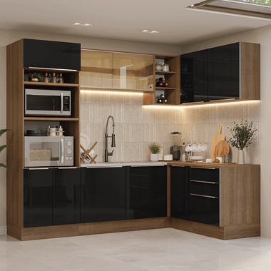 Armário de Cozinha Completa de Canto 416 x 60 cm Rustic/Preto Lux Madesa 01