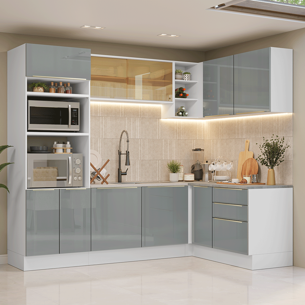Armário de Cozinha Completa de Canto 416 x 60 cm Branco/Cinza Lux Madesa 01