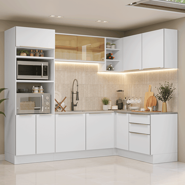 Armário de Cozinha Completa de Canto 416 x 60 cm Branco/Branco Veludo Lux Madesa 01