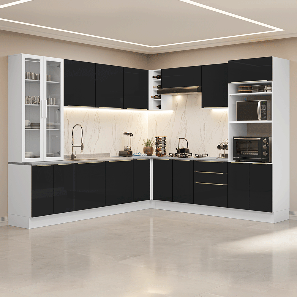 Armário de Cozinha Completa de Canto 549 cm Branco/Preto Lux Madesa 01