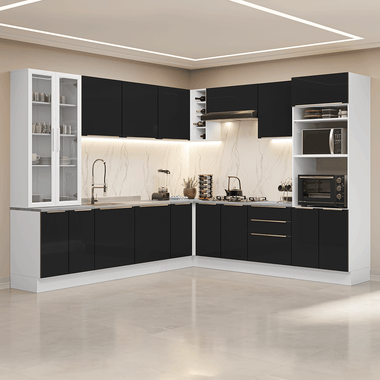Armário de Cozinha Completa de Canto 549 cm Branco/Preto Lux Madesa 01