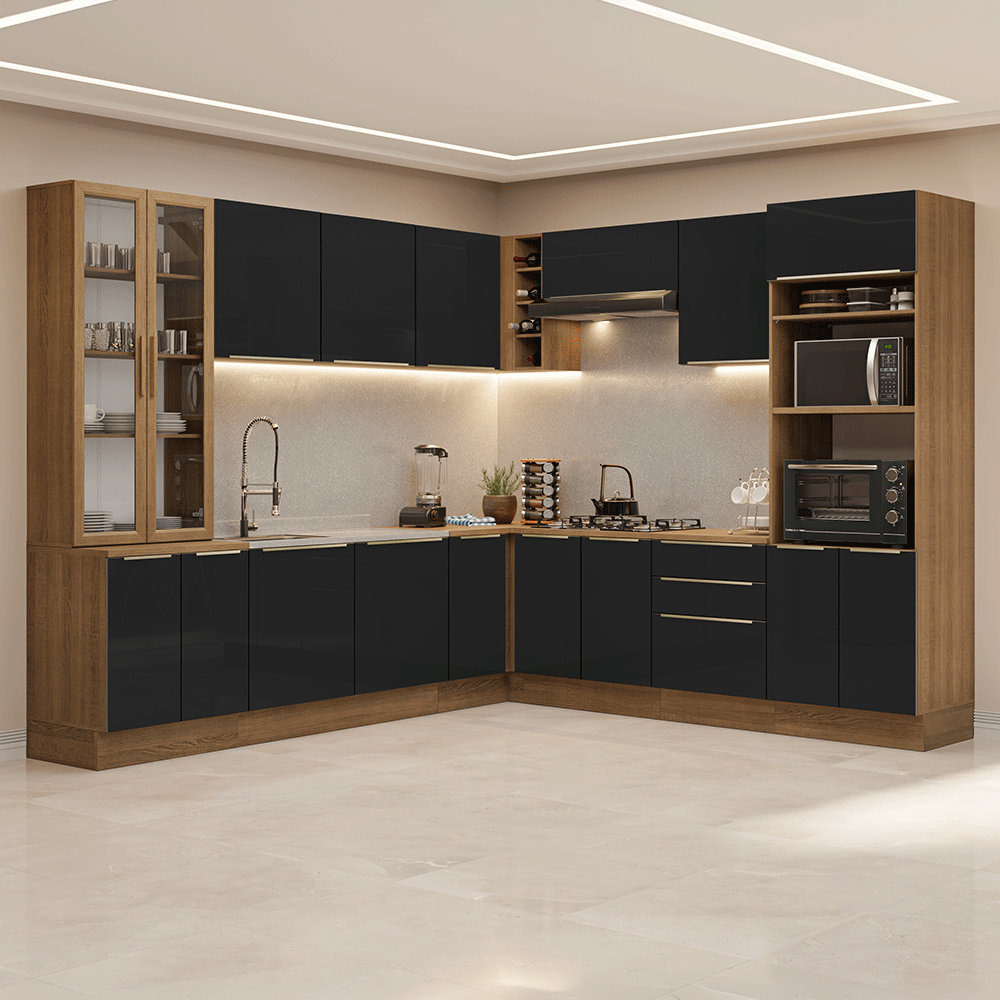 Armário de Cozinha Completa de Canto 549 cm Rustic/Preto Lux Madesa 01