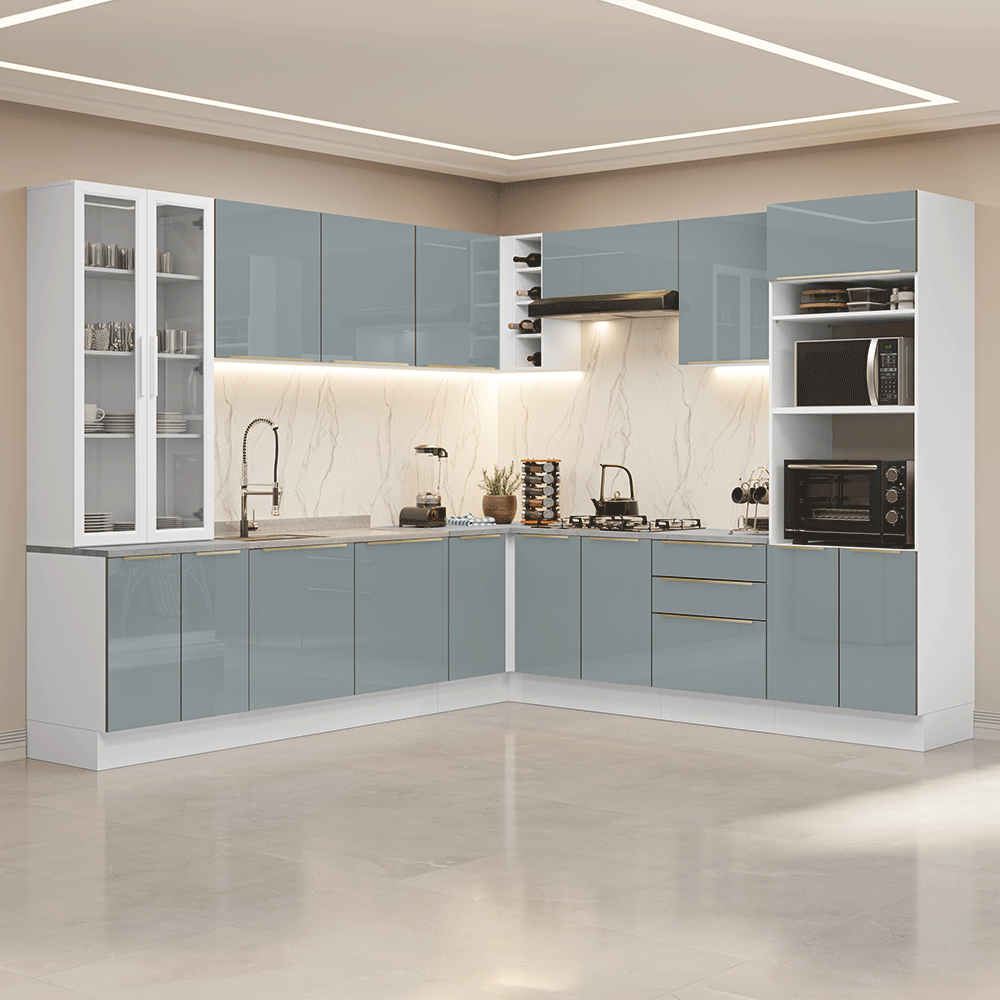 Armário de Cozinha Completa de Canto 549 cm Branco/Cinza Lux Madesa 01