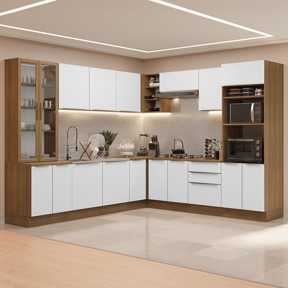 Armário de Cozinha Completa 566cm Rustic/Branco Veludo Lux Madesa 01