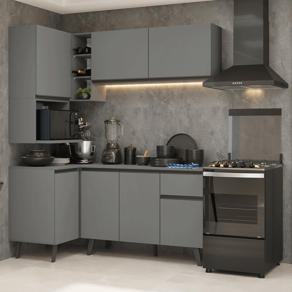 Armário de Cozinha Completa de Canto 265 cm Cinza Nice Madesa 05