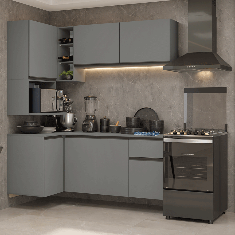 Armário de Cozinha Completa de Canto 265 cm Suspensa Cinza Nice Madesa 06