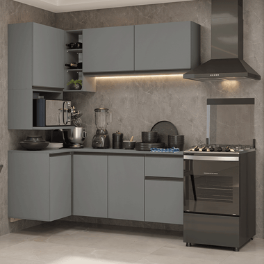 Armário de Cozinha Completa de Canto 265 cm Suspensa Cinza Nice Madesa 06