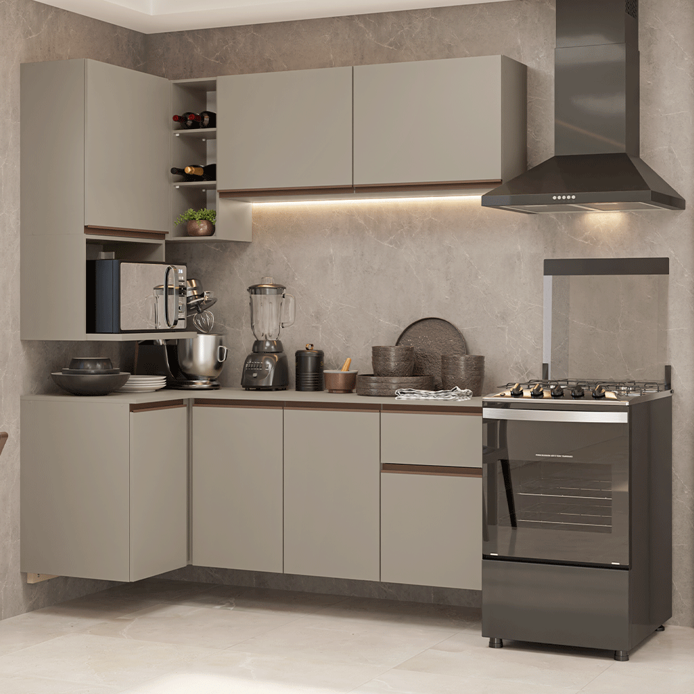 Armário de Cozinha Completa de Canto 265 cm Suspensa Crema Nice Madesa 06