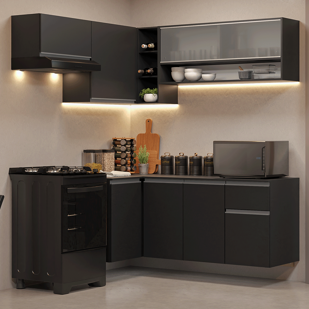 Armário de Cozinha Completa de Canto Suspenso 325 cm Preto Nice Madesa 01