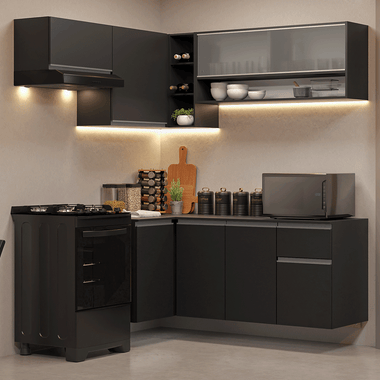 Armário de Cozinha Completa de Canto Suspenso 325 cm Preto Nice Madesa 01
