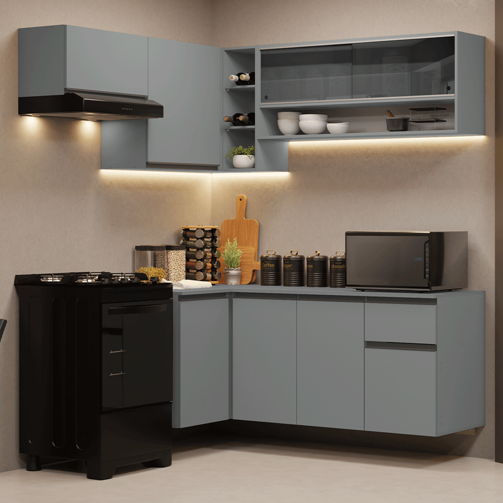 Armário de Cozinha Completa de Canto Suspenso 325cm Cinza Nice Madesa 02