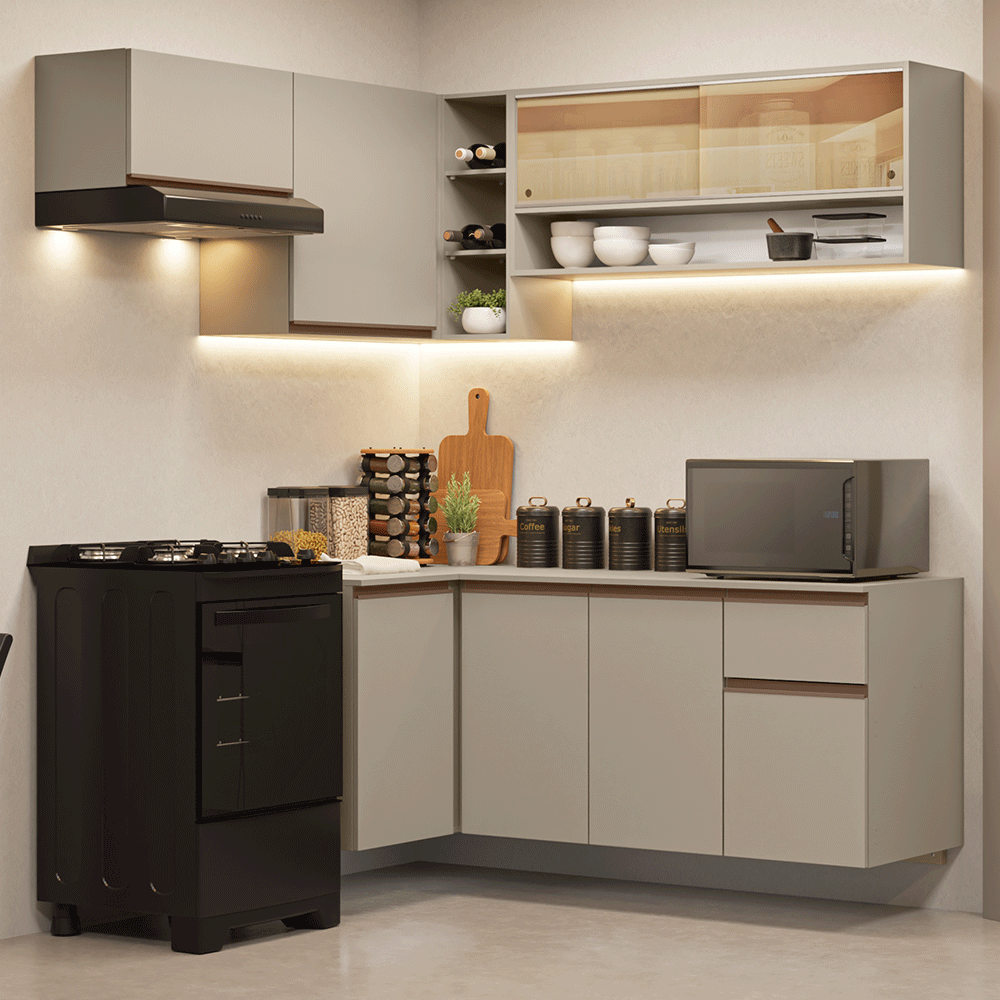 Armário de Cozinha Completa de Canto Suspensa 325 cm Crema Nice Madesa 02