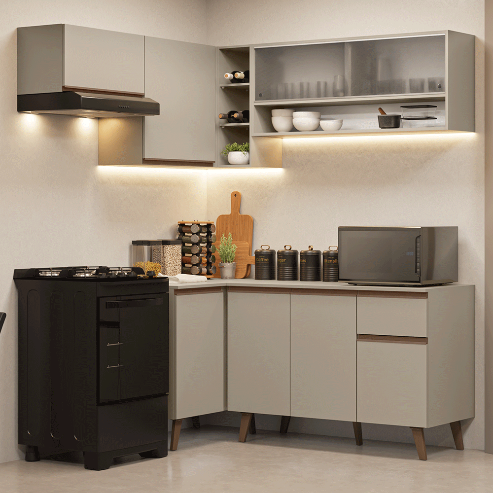 Armário de Cozinha Completa de Canto 325 cm Crema Nice Madesa 03